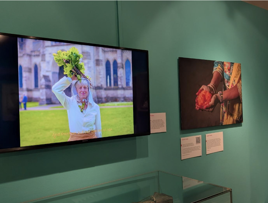 A screen playing a film about Oak Apple Day paired with a photograph taken during a Diwali celebration in Poole