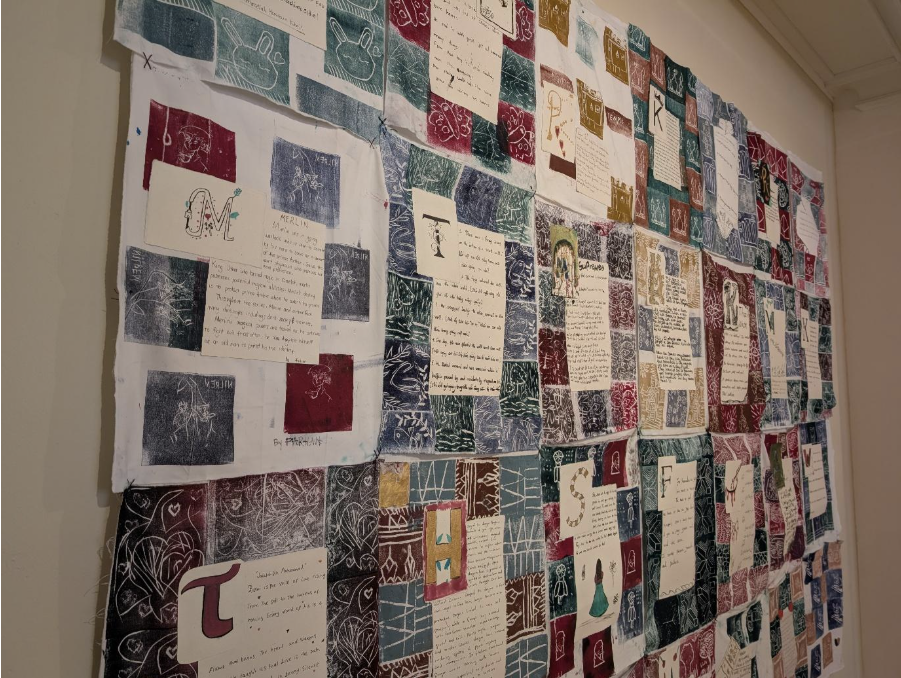  A tapestry of folktales from local schoolchildren. The 'Merlin' fragment is centre left.